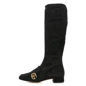 Gucci Suede Scamosciato GG Marmont Fringe Knee High Boots in Black
